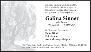 Traueranzeige von Galina Sinner von Deister- und Weserzeitung