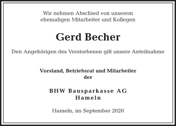 Traueranzeige von Gerd Becher von Deister- und Weserzeitung