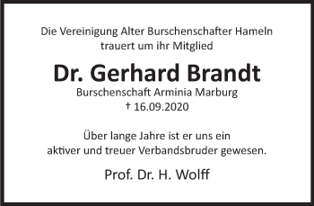 Traueranzeige von Gerhard Brandt von Deister- und Weserzeitung