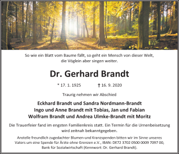 Traueranzeige von Gerhard Brandt von Deister- und Weserzeitung