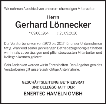 Traueranzeige von Gerhard Lönnecker von Deister- und Weserzeitung