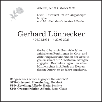 Traueranzeige von Gerhard Lönnecker von Deister- und Weserzeitung