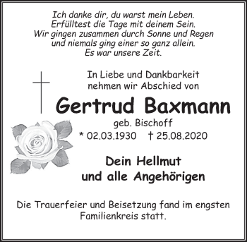 Traueranzeige von Gertrud Baxmann von Deister- und Weserzeitung