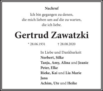 Traueranzeige von Gertrud Zawatzki von Neue Deister-Zeitung