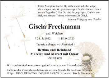 Traueranzeige von Gisela Freckmann von Deister- und Weserzeitung