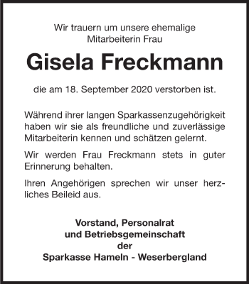 Traueranzeige von Gisela Freckmann von Deister- und Weserzeitung