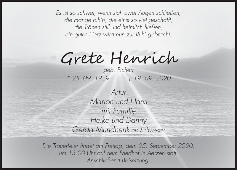  Traueranzeige für Grete Henrich vom 22.09.2020 aus Deister- und Weserzeitung