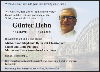 Traueranzeige von Günter Hehn von Deister- und Weserzeitung