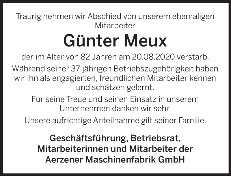  Traueranzeige für Günter Meux vom 08.09.2020 aus Deister- und Weserzeitung