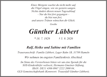 Traueranzeige von Günther Lübbert von Deister- und Weserzeitung