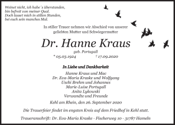 Traueranzeige von Hanne Kraus von Deister- und Weserzeitung