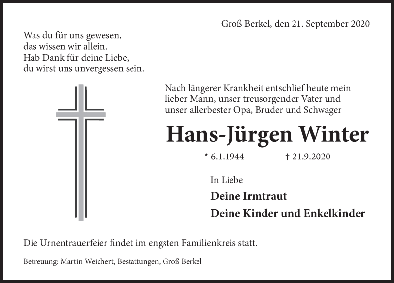 Traueranzeige für Hans-Jürgen Winter vom 26.09.2020 aus Deister- und Weserzeitung