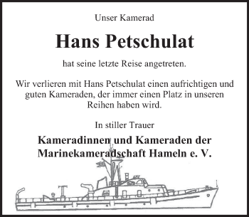 Traueranzeige von Hans Petschulat von Deister- und Weserzeitung