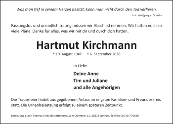 Traueranzeige von Hartmut Kirchmann von Neue Deister-Zeitung