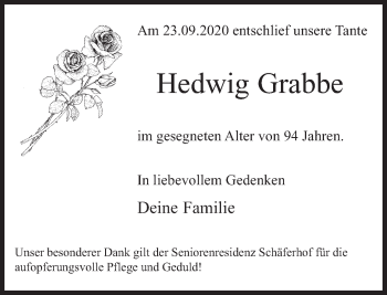 Traueranzeige von Hedwig Grabbe von Deister- und Weserzeitung