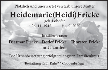 Traueranzeige von Heidemarie Fricke von Deister- und Weserzeitung