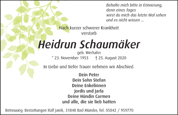 Traueranzeige von Heidrun Schaumäker von Neue Deister-Zeitung
