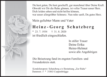 Traueranzeige von Heinz-Georg Schatzberg von Deister- und Weserzeitung