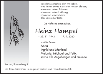 Traueranzeige von Heinz Hampel von Deister- und Weserzeitung