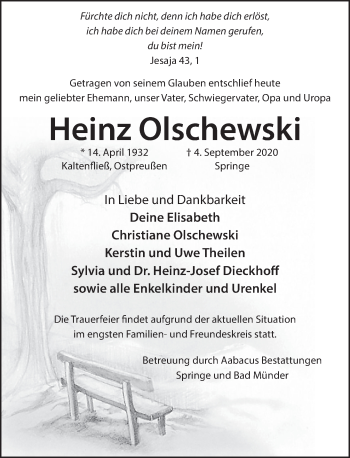Traueranzeige von Heinz Olschewski von Neue Deister-Zeitung