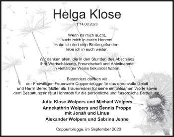 Traueranzeige von Helga Klose von Deister- und Weserzeitung