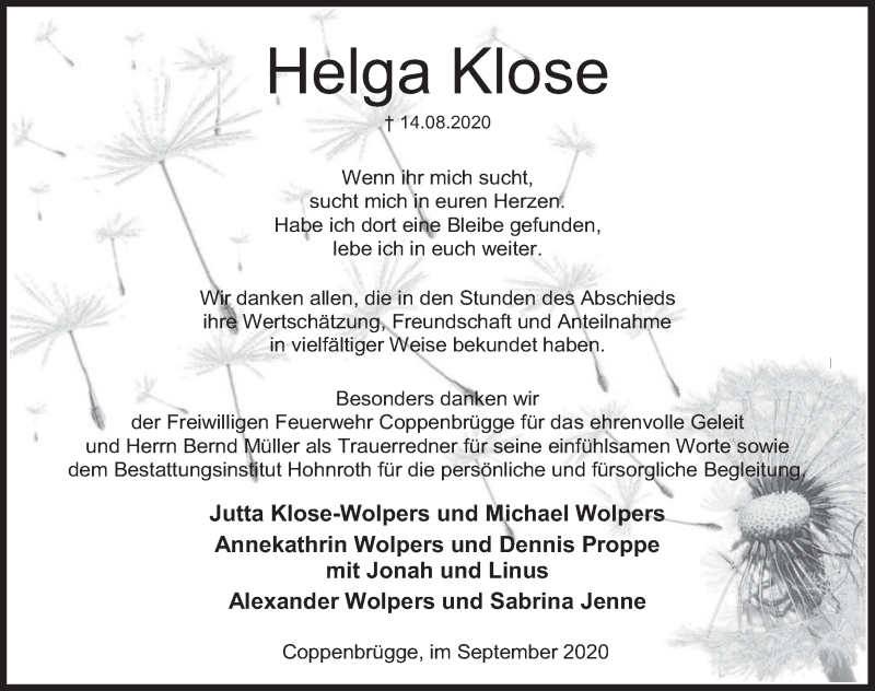  Traueranzeige für Helga Klose vom 19.09.2020 aus Deister- und Weserzeitung