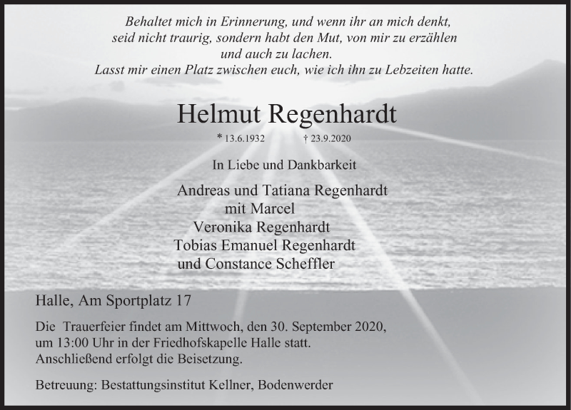  Traueranzeige für Helmut Regenhardt vom 26.09.2020 aus Deister- und Weserzeitung