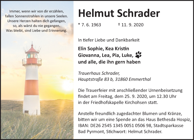 Traueranzeige für Helmut Schrader vom 19.09.2020 aus Deister- und Weserzeitung