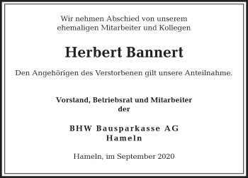 Traueranzeige von Herbert Bannert von Deister- und Weserzeitung