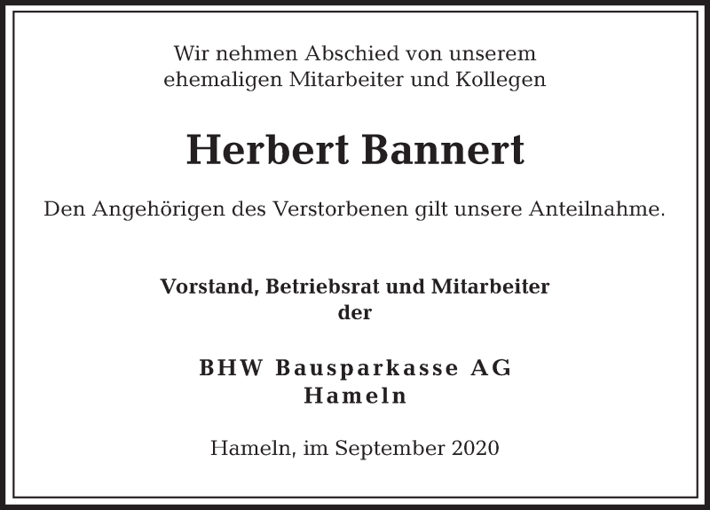  Traueranzeige für Herbert Bannert vom 23.09.2020 aus Deister- und Weserzeitung