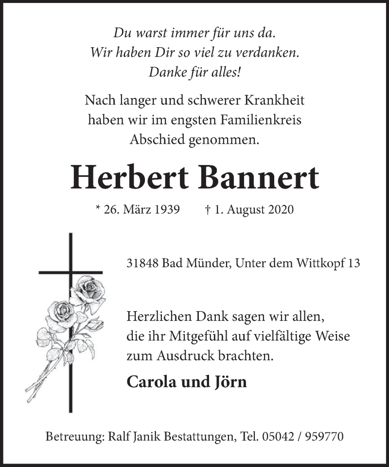  Traueranzeige für Herbert Bannert vom 18.09.2020 aus Neue Deister-Zeitung