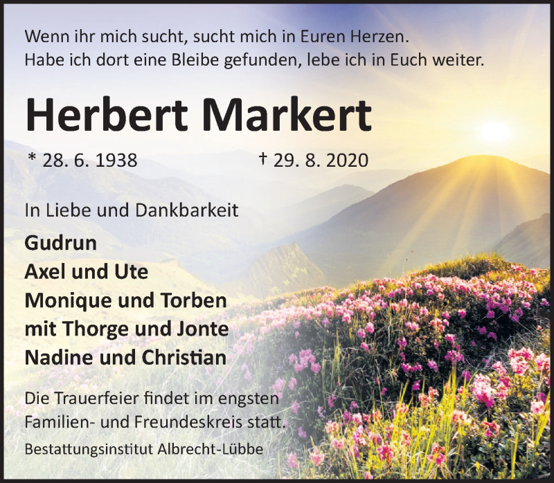  Traueranzeige für Herbert Markert vom 05.09.2020 aus Deister- und Weserzeitung