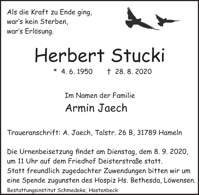  Traueranzeige für Herbert Stucki vom 05.09.2020 aus Deister- und Weserzeitung