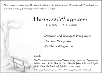 Traueranzeige von Hermann Wiegmann von Deister- und Weserzeitung