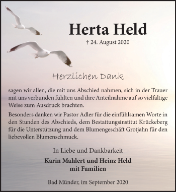 Traueranzeige von Herta Held von Neue Deister-Zeitung