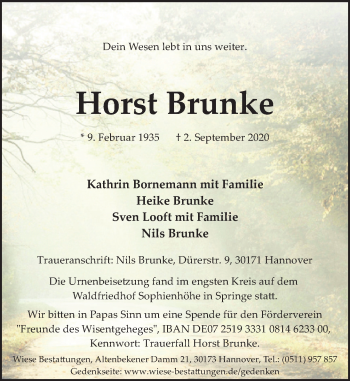 Traueranzeige von Horst Brunke von Neue Deister-Zeitung