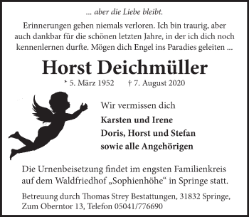 Traueranzeige von Horst Deichmüller von Neue Deister-Zeitung