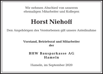 Traueranzeige von Horst Niehoff von Deister- und Weserzeitung