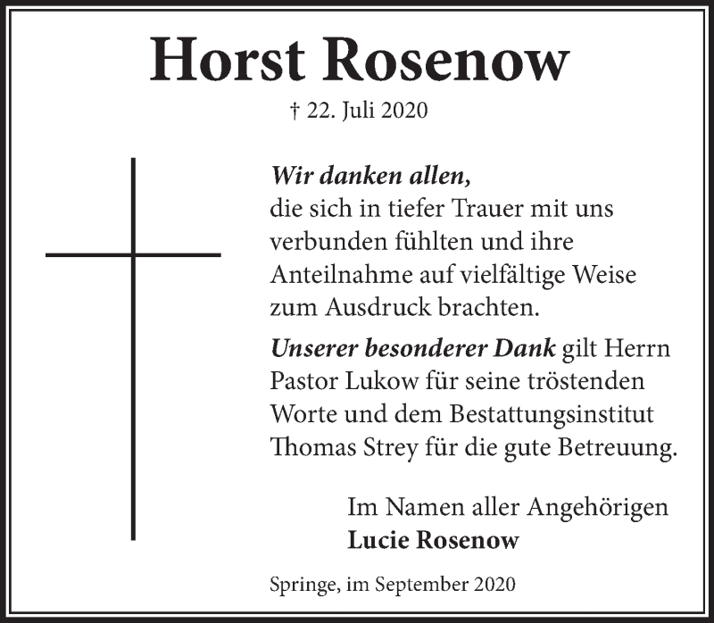  Traueranzeige für Horst Rosenow vom 19.09.2020 aus Neue Deister-Zeitung
