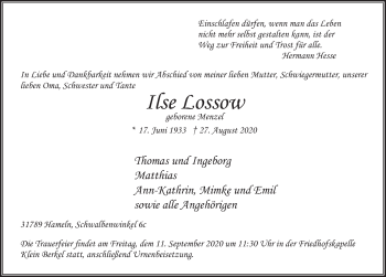 Traueranzeige von Ilse Lossow von Deister- und Weserzeitung