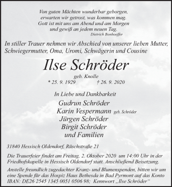 Traueranzeige von Ilse Schröder von Deister- und Weserzeitung