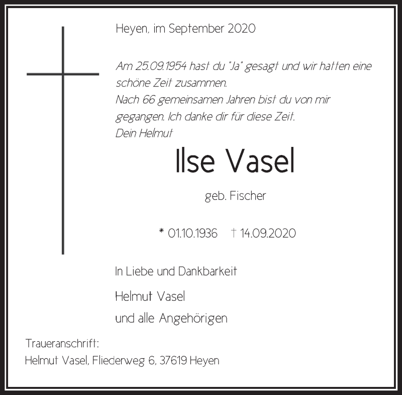  Traueranzeige für Ilse Vasel vom 26.09.2020 aus Deister- und Weserzeitung
