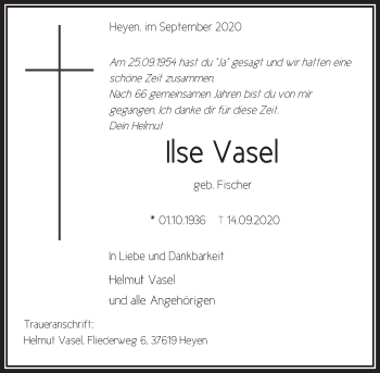 Traueranzeige von Ilse Vasel von Deister- und Weserzeitung