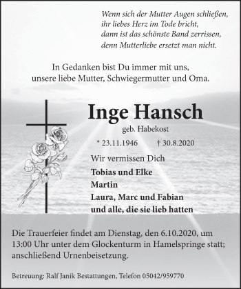 Traueranzeige von Inge Hansch von Neue Deister-Zeitung