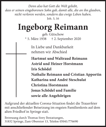 Traueranzeige von Ingeborg Reimann von Neue Deister-Zeitung
