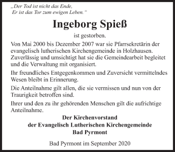 Traueranzeige von Ingeborg Spieß von Deister- und Weserzeitung