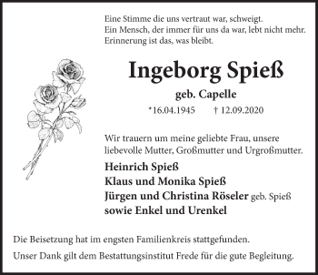 Traueranzeige von Ingeborg Spieß von Deister- und Weserzeitung