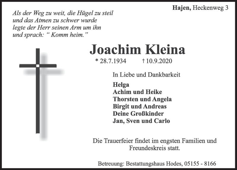  Traueranzeige für Joachim Kleina vom 12.09.2020 aus Deister- und Weserzeitung
