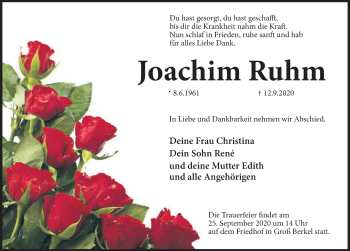 Traueranzeige von Joachim Ruhm von Deister- und Weserzeitung