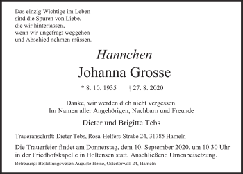 Traueranzeige von Johanna Grosse von Deister- und Weserzeitung
